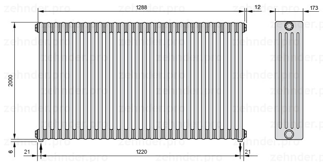 Схема (чертеж) Радиатор Zehnder Charleston 5200/28 №5310 Белый глянцевый RAL 9016